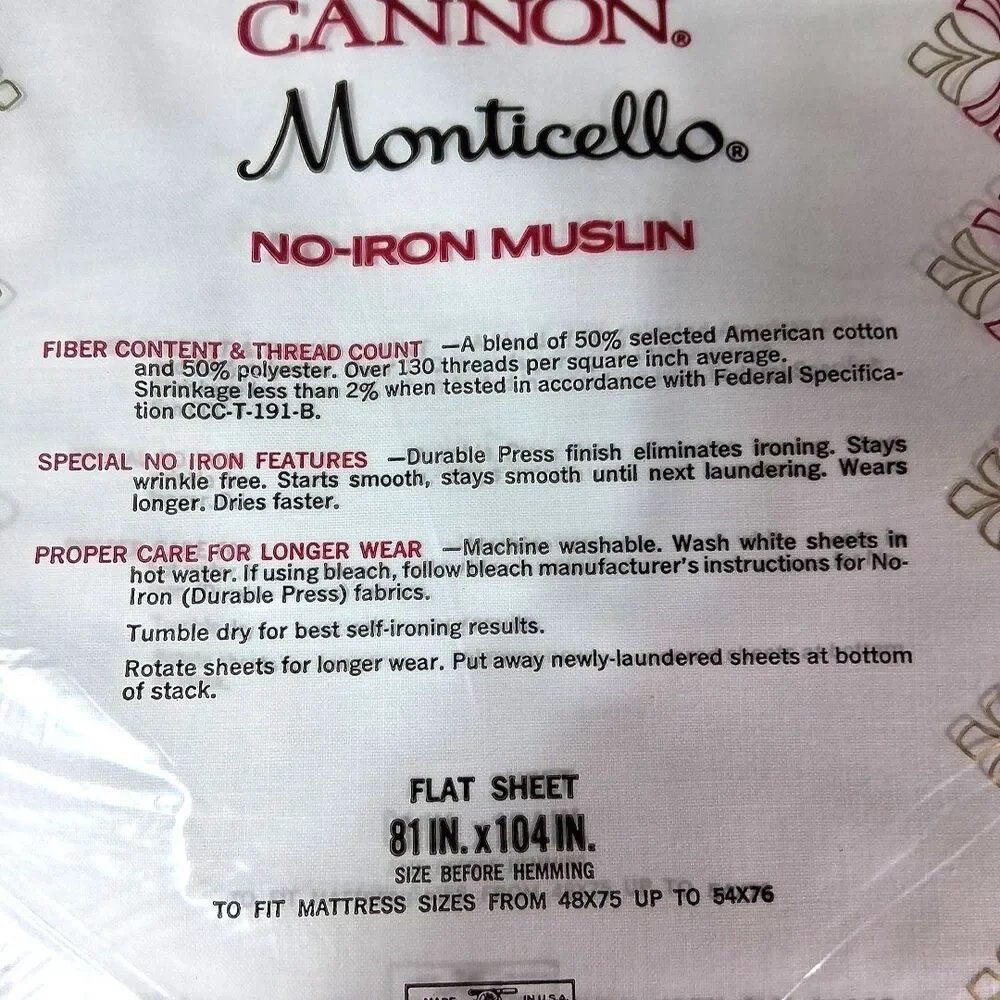 Vintage Cannon Monticello Full Flat Sheet White No-Iron Muslin NOS New 81x104 US